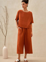 100% Linen Short Sleeve Top High Waist Wide Leg Pants Two-Piece Set NEVE - SETS-Linen Sets