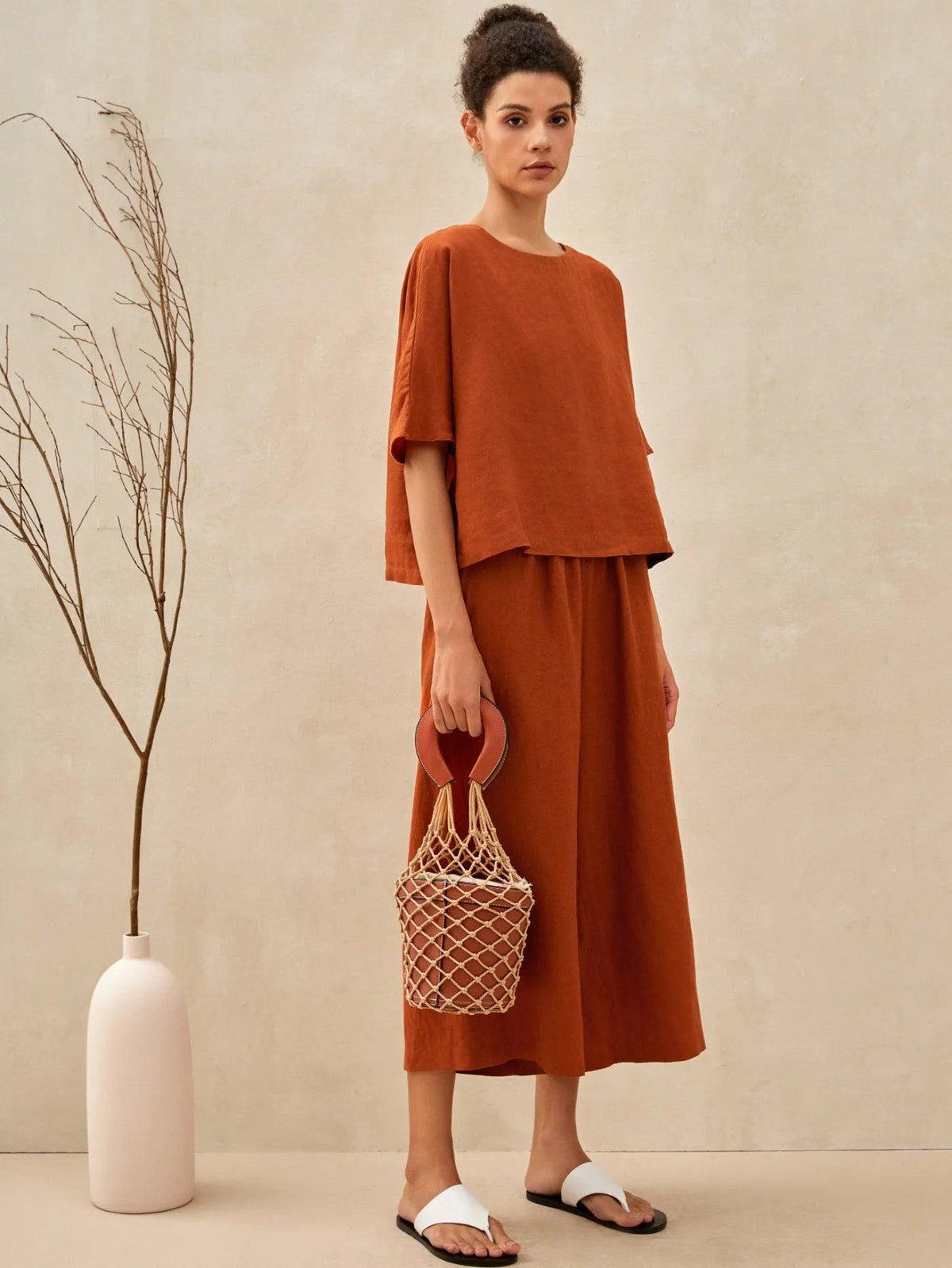 100% Linen Short Sleeve Top High Waist Wide Leg Pants Two-Piece Set NEVE - Pumpkin / S - SETS-Linen Sets