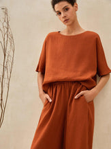 100% Linen Short Sleeve Top High Waist Wide Leg Pants Two-Piece Set NEVE - SETS-Linen Sets