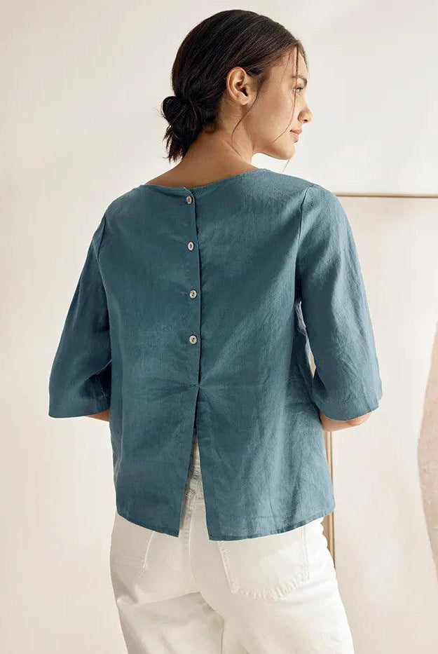 100% Linen Side-Tie Button-Back Boxy Top ELSIE - TOPS-Linen Blouses