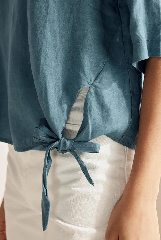 100% Linen Side-Tie Button-Back Boxy Top ELSIE - TOPS-Linen Blouses