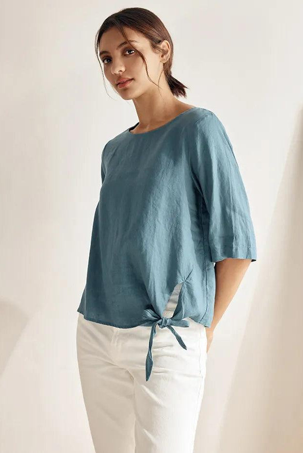 100% Linen Side-Tie Button-Back Boxy Top ELSIE - TOPS-Linen Blouses