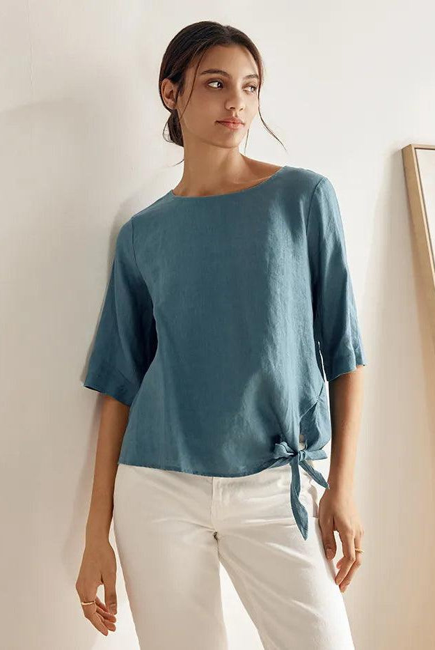 100% Linen Side-Tie Button-Back Boxy Top ELSIE - Steel Blue / XS - TOPS-Linen Blouses