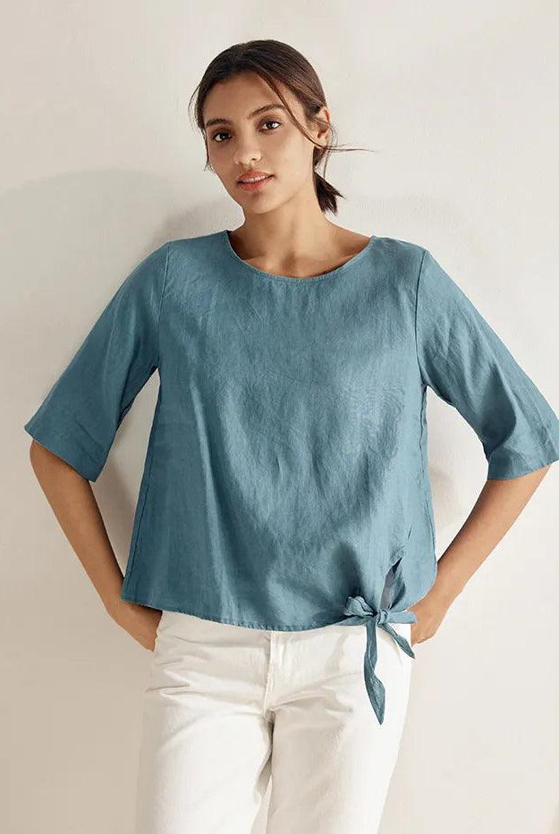 100% Linen Side-Tie Button-Back Boxy Top ELSIE - TOPS-Linen Blouses