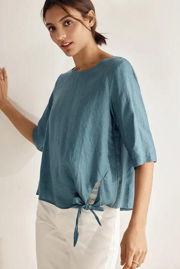 100% Linen Side-Tie Button-Back Boxy Top ELSIE - TOPS-Linen Blouses