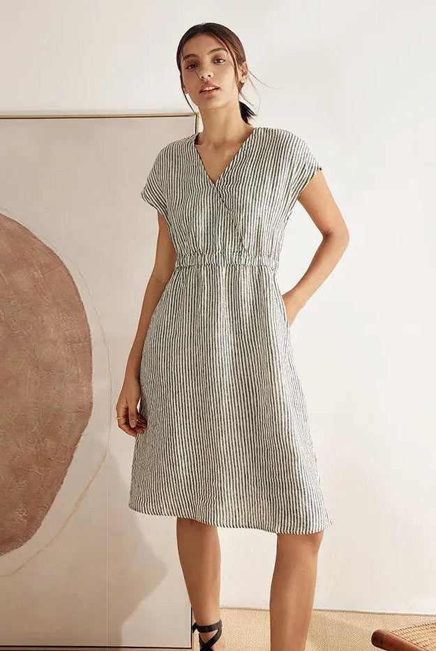 100% Linen Striped Elastic-Waist Midi Dress ARIA - Black Stripe / S - DRESSES-Linen