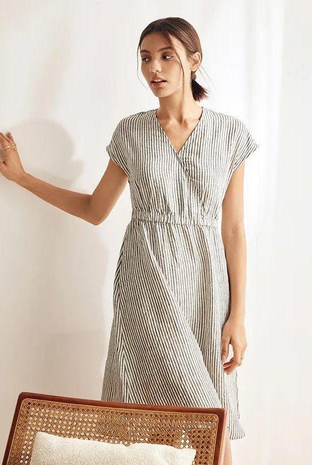 100% Linen Striped Elastic-Waist Midi Dress ARIA - DRESSES-Linen