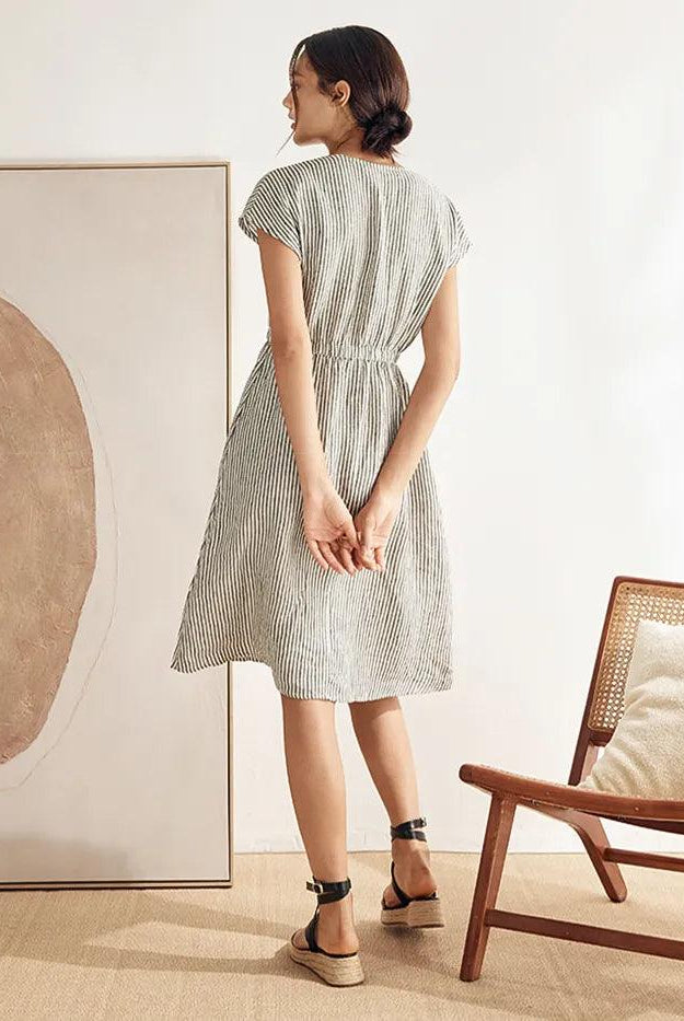 100% Linen Striped Elastic-Waist Midi Dress ARIA - DRESSES-Linen