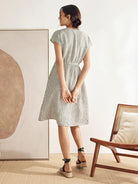 100% Linen Striped Elastic-Waist Midi Dress ARIA - DRESSES-Linen