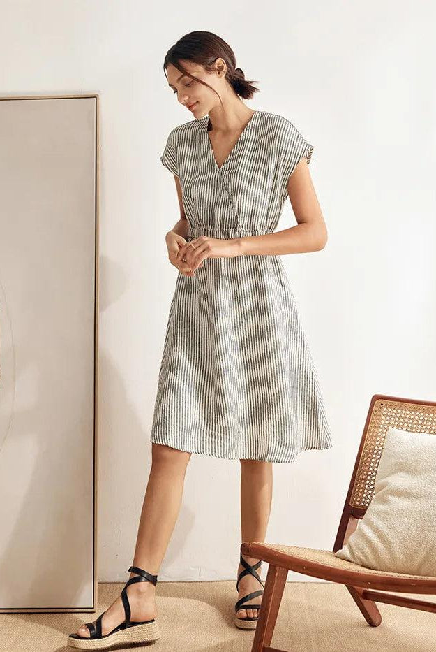 100% Linen Striped Elastic-Waist Midi Dress ARIA - DRESSES-Linen