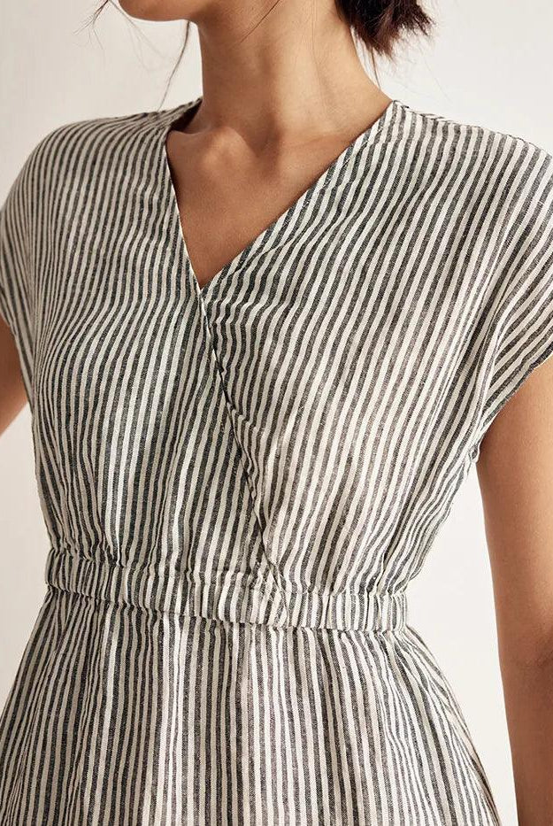 100% Linen Striped Elastic-Waist Midi Dress ARIA - DRESSES-Linen