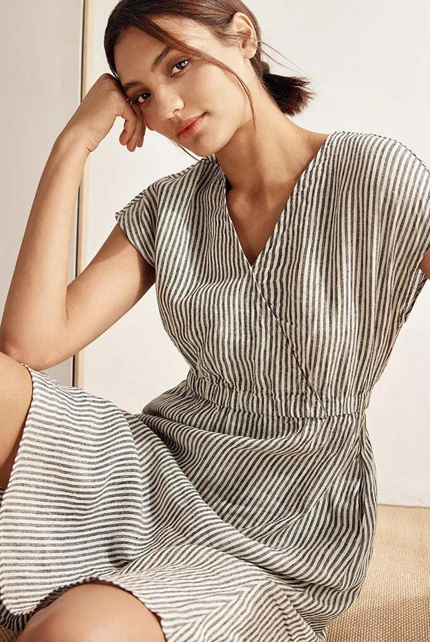 100% Linen Striped Elastic-Waist Midi Dress ARIA - DRESSES-Linen