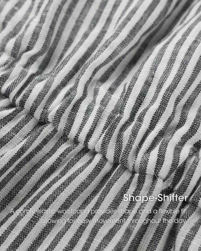 100% Linen Striped Elastic-Waist Midi Dress ARIA - DRESSES-Linen