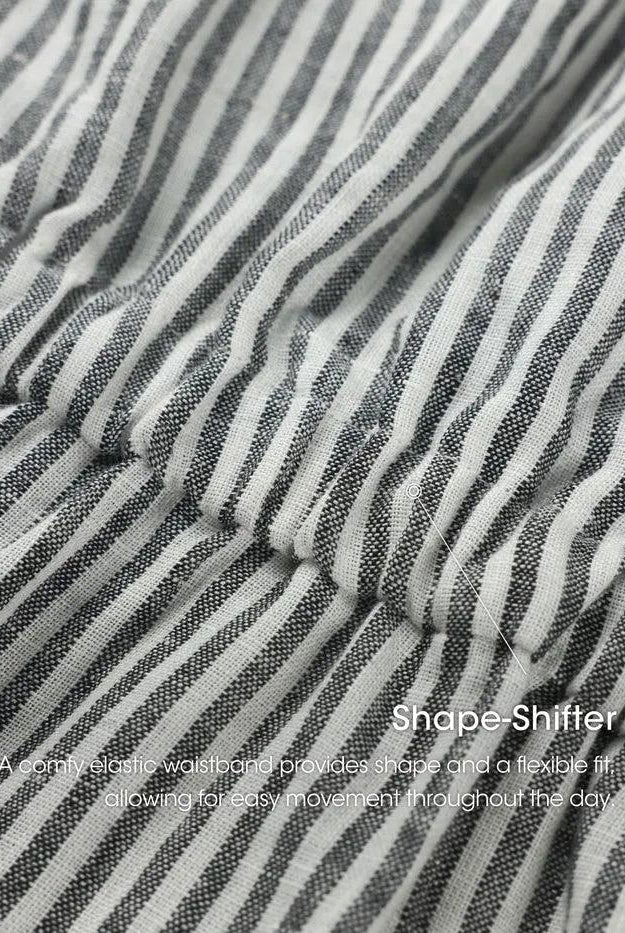 100% Linen Striped Elastic-Waist Midi Dress ARIA - DRESSES-Linen