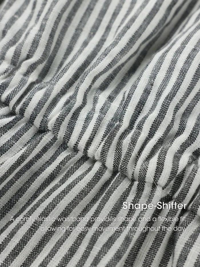 100% Linen Striped Elastic-Waist Midi Dress ARIA - DRESSES-Linen