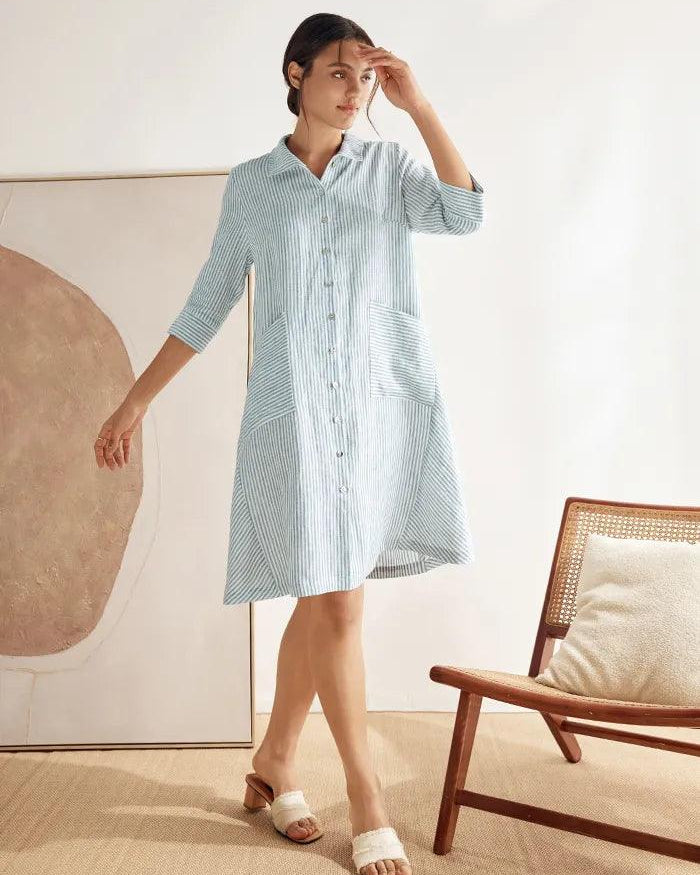 MADISON 100% Linen Striped Shirt Dress - DRESSES-Linen Midi