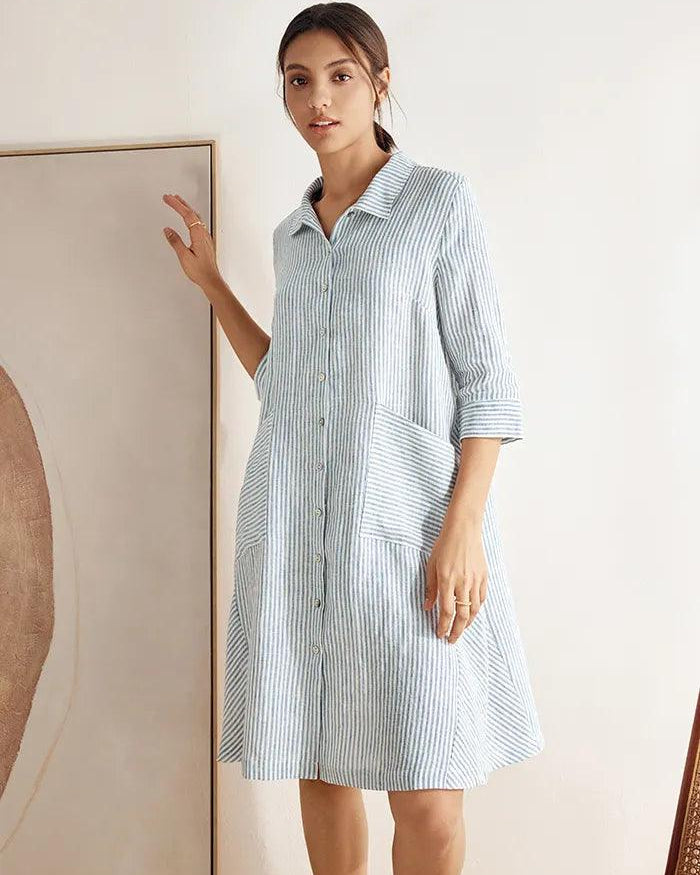 MADISON 100% Linen Striped Shirt Dress - DRESSES-Linen Midi