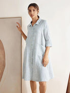 MADISON 100% Linen Striped Shirt Dress - DRESSES-Linen Midi