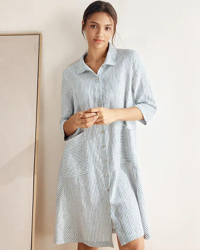 MADISON 100% Linen Striped Shirt Dress - DRESSES-Linen Midi