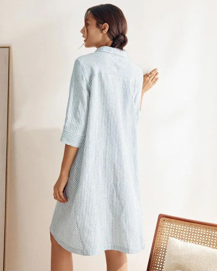 MADISON 100% Linen Striped Shirt Dress - DRESSES-Linen Midi