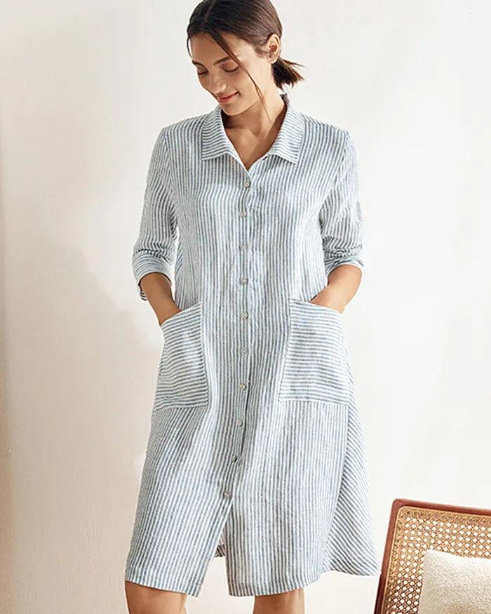 MADISON 100% Linen Striped Shirt Dress - DRESSES-Linen Midi