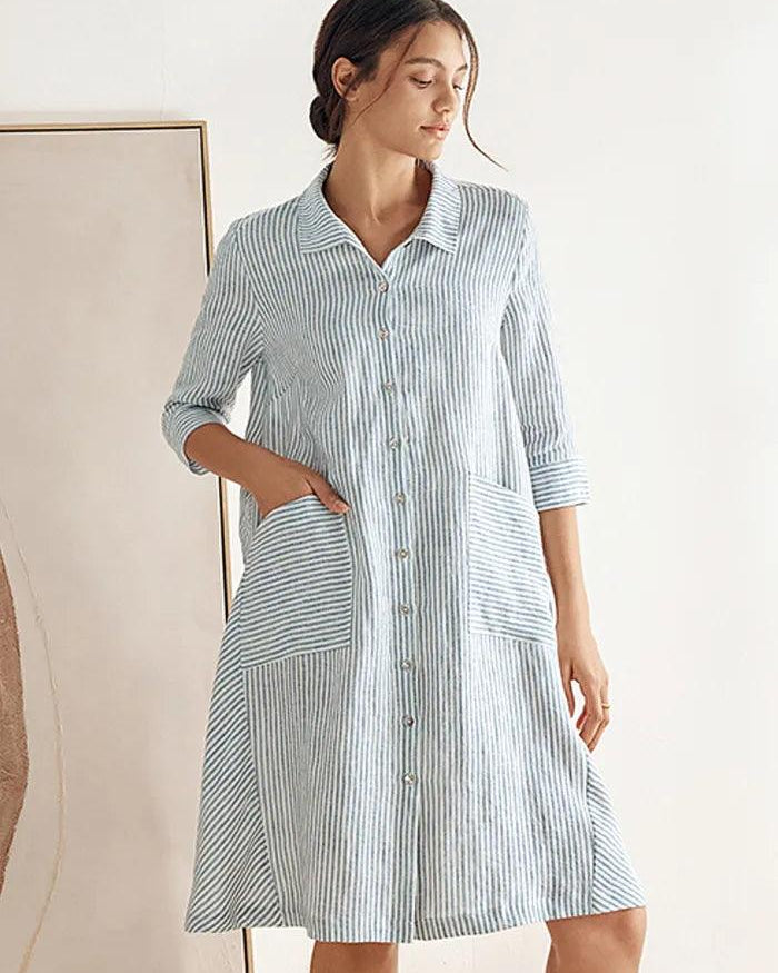 MADISON 100% Linen Striped Shirt Dress - Blue Stripe / S - DRESSES-Linen Midi