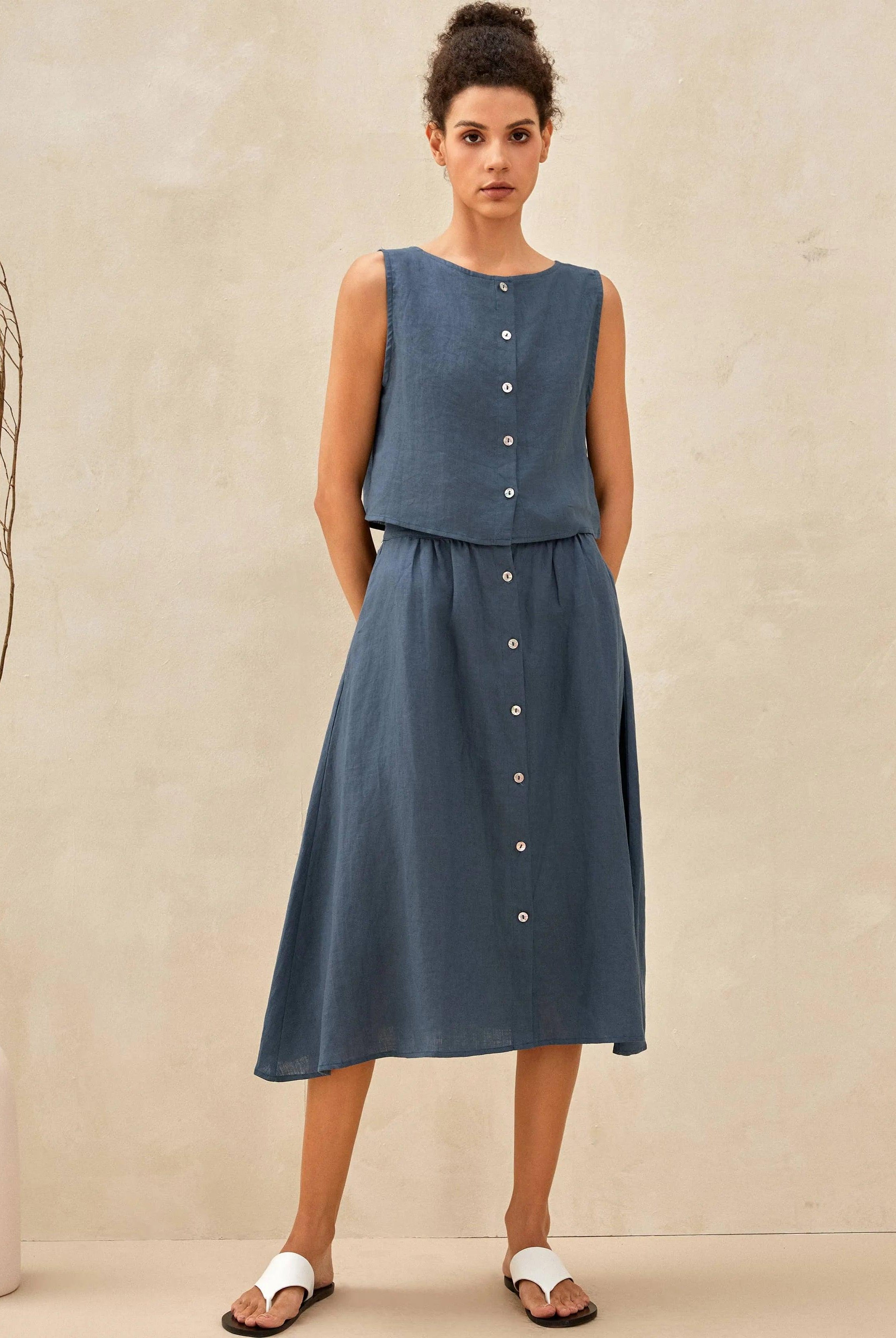 100% Linen Button Decorate Vest Naxi Skirts Set LUCIA - HARBOUR BLUE / S - SETS-Linen Sets