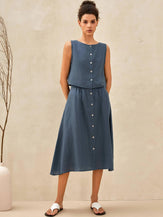 Ensemble LUCIA en 100% lin avec gilet boutonné décoratif et jupes Naxi - HARBOUR BLUE / S - ENSEMBLES-Ensembles en lin