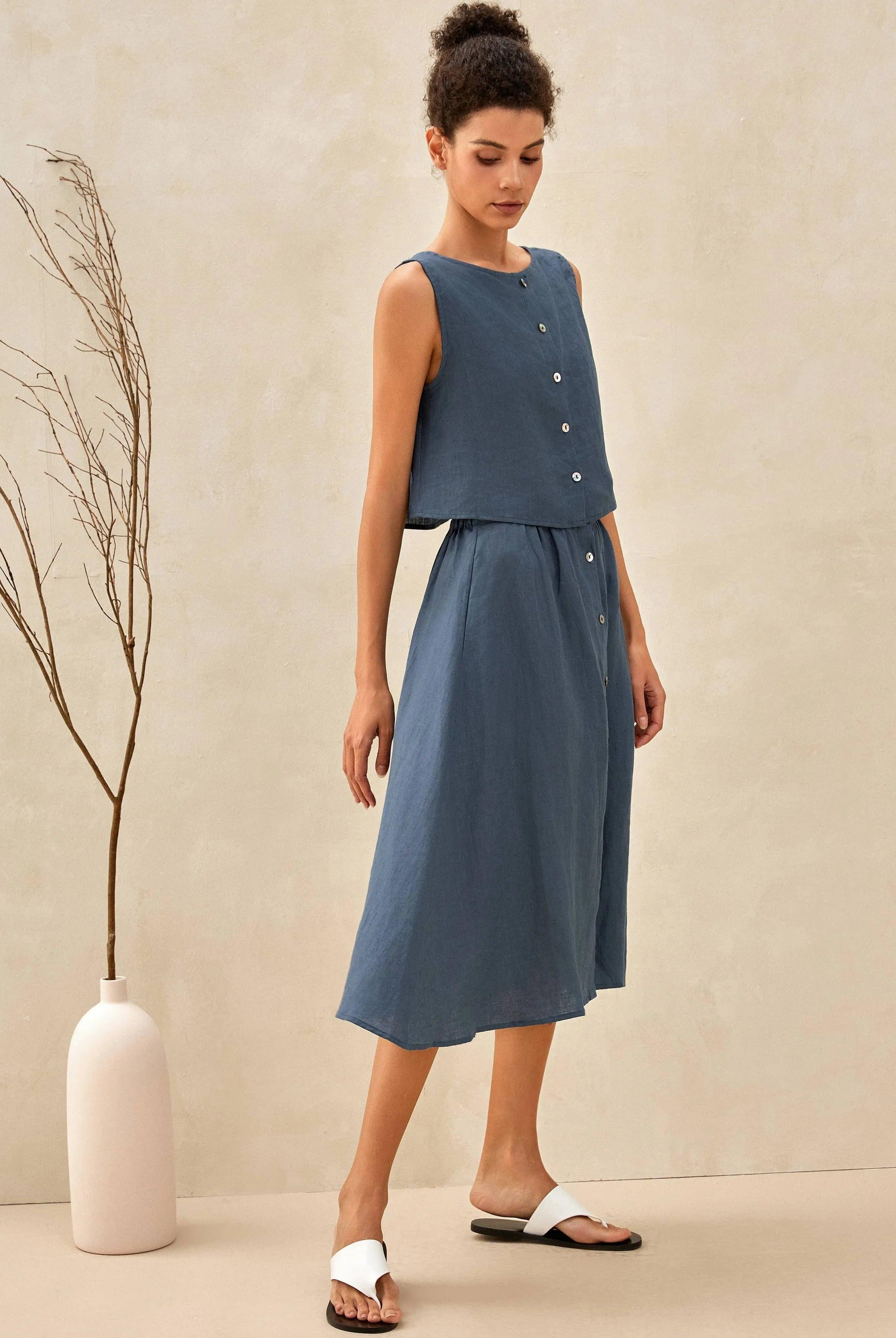 100% Linen Button Decorate Vest Naxi Skirts Set LUCIA - SETS-Linen Sets