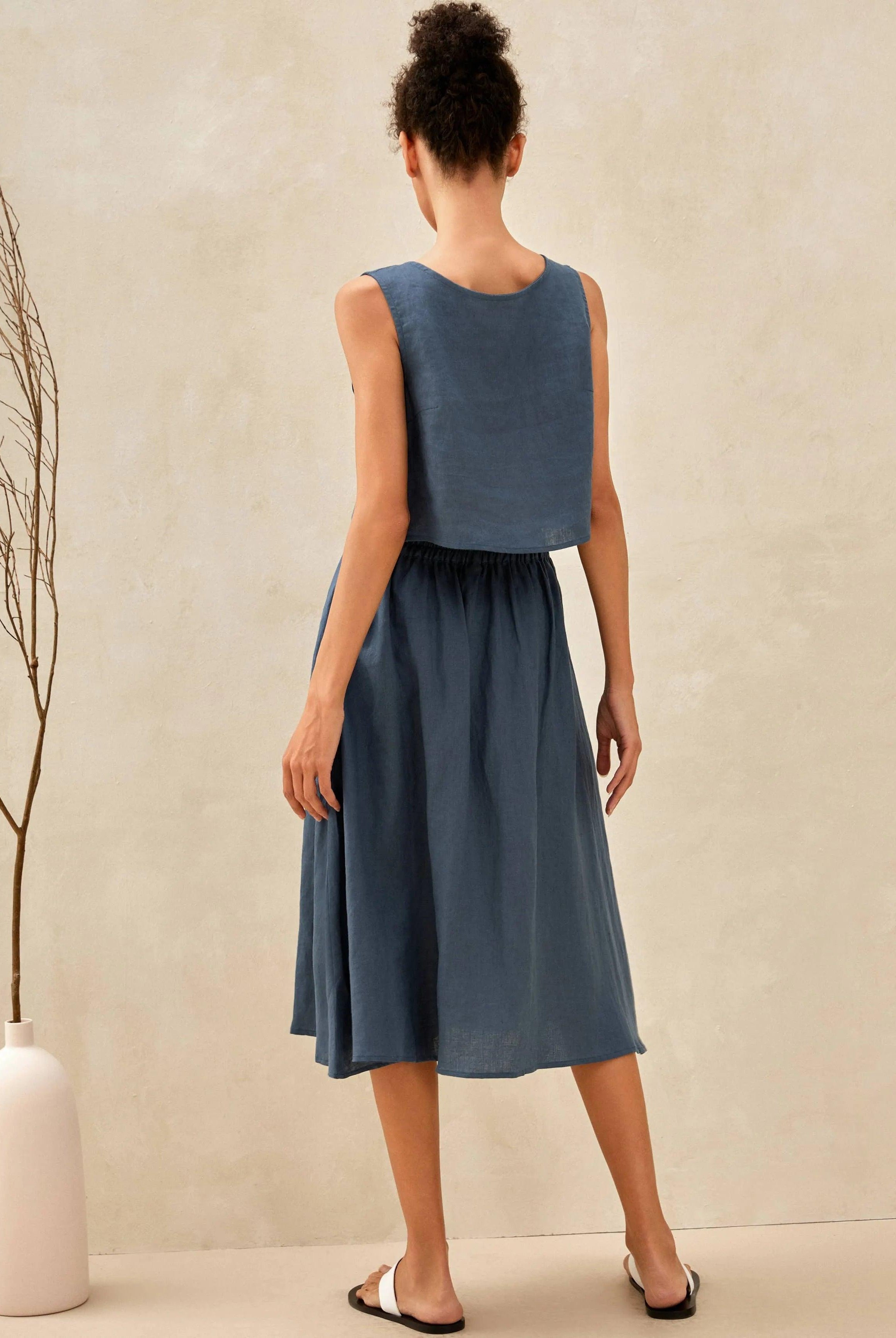 100% Linen Button Decorate Vest Naxi Skirts Set LUCIA - SETS-Linen Sets