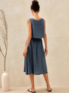 100% Linen Button Decorate Vest Naxi Skirts Set LUCIA - SETS-Linen Sets