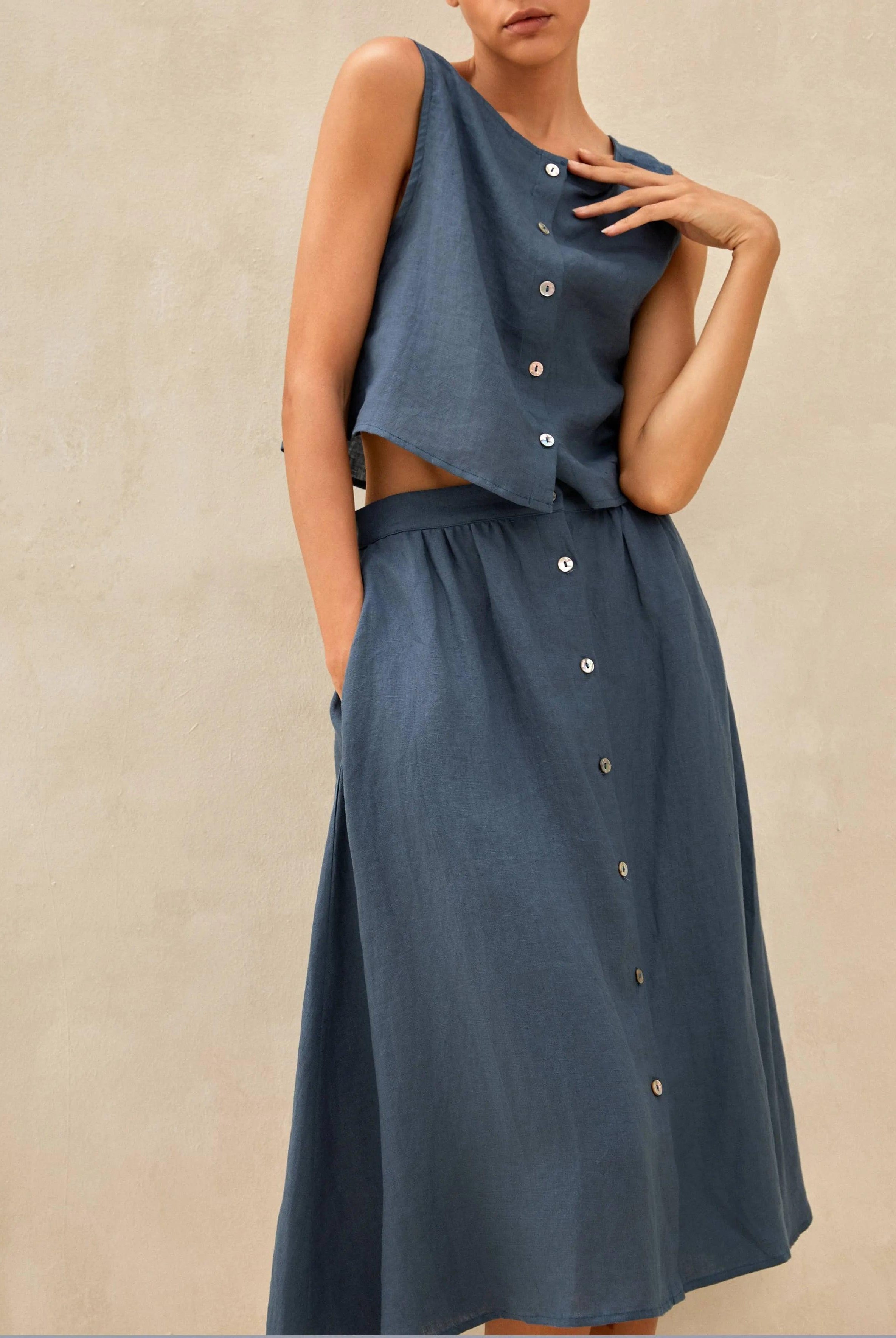 100% Linen Button Decorate Vest Naxi Skirts Set LUCIA - SETS-Linen Sets