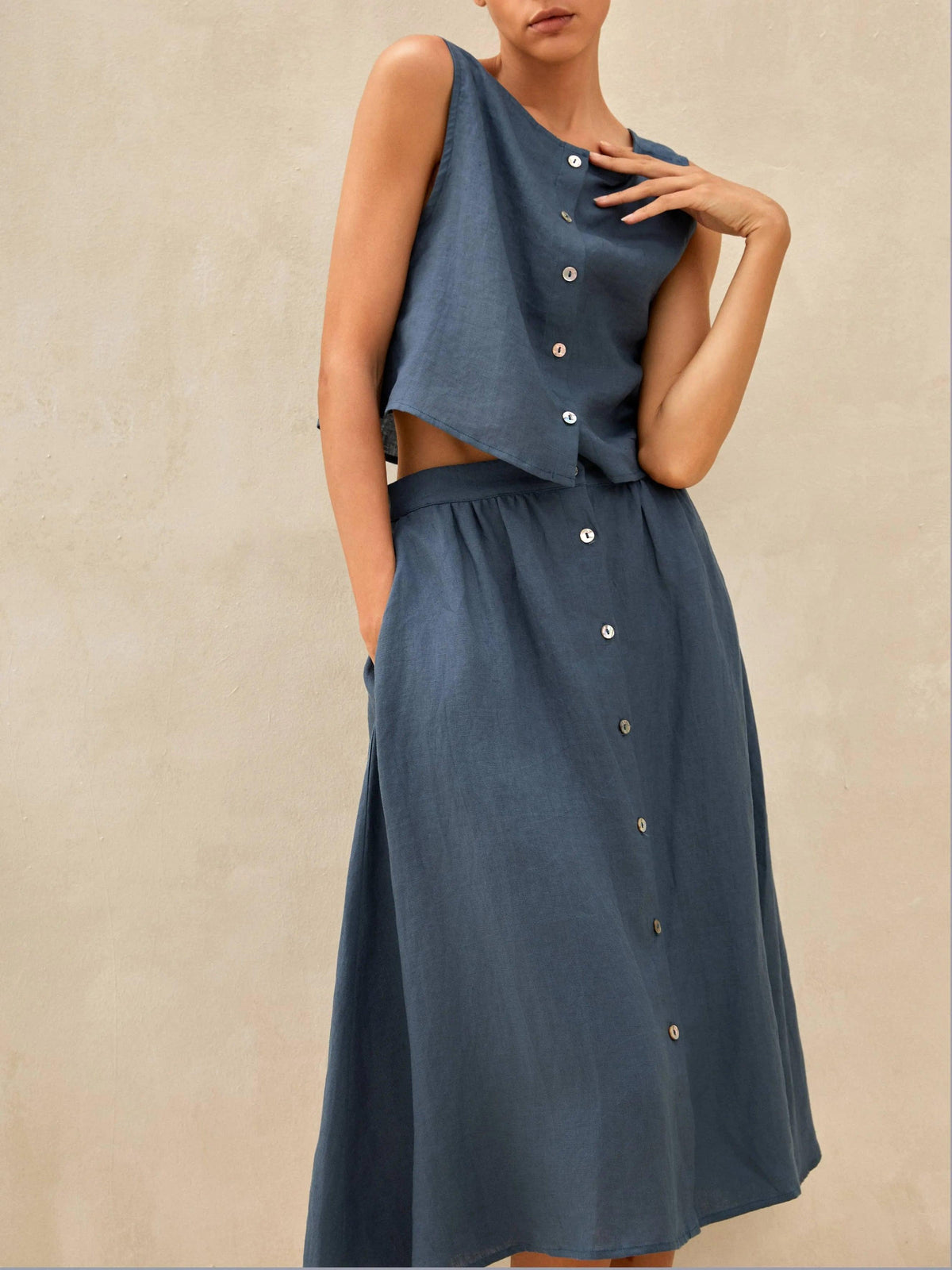 Ensemble LUCIA en 100% lin avec gilet boutonné décoratif et jupes Naxi - ENSEMBLES-Ensembles en lin