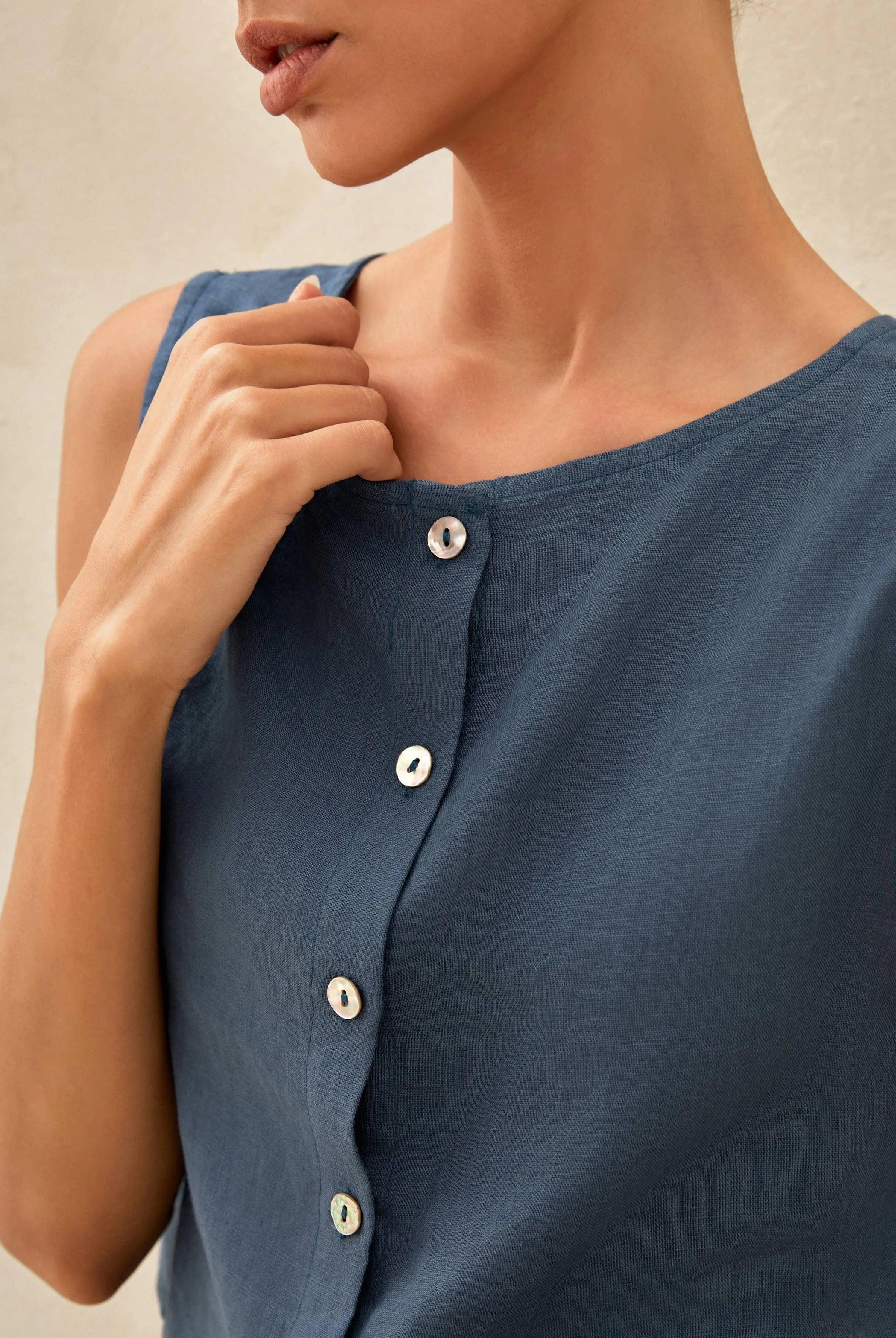 100% Linen Button Decorate Vest Naxi Skirts Set LUCIA - SETS-Linen Sets