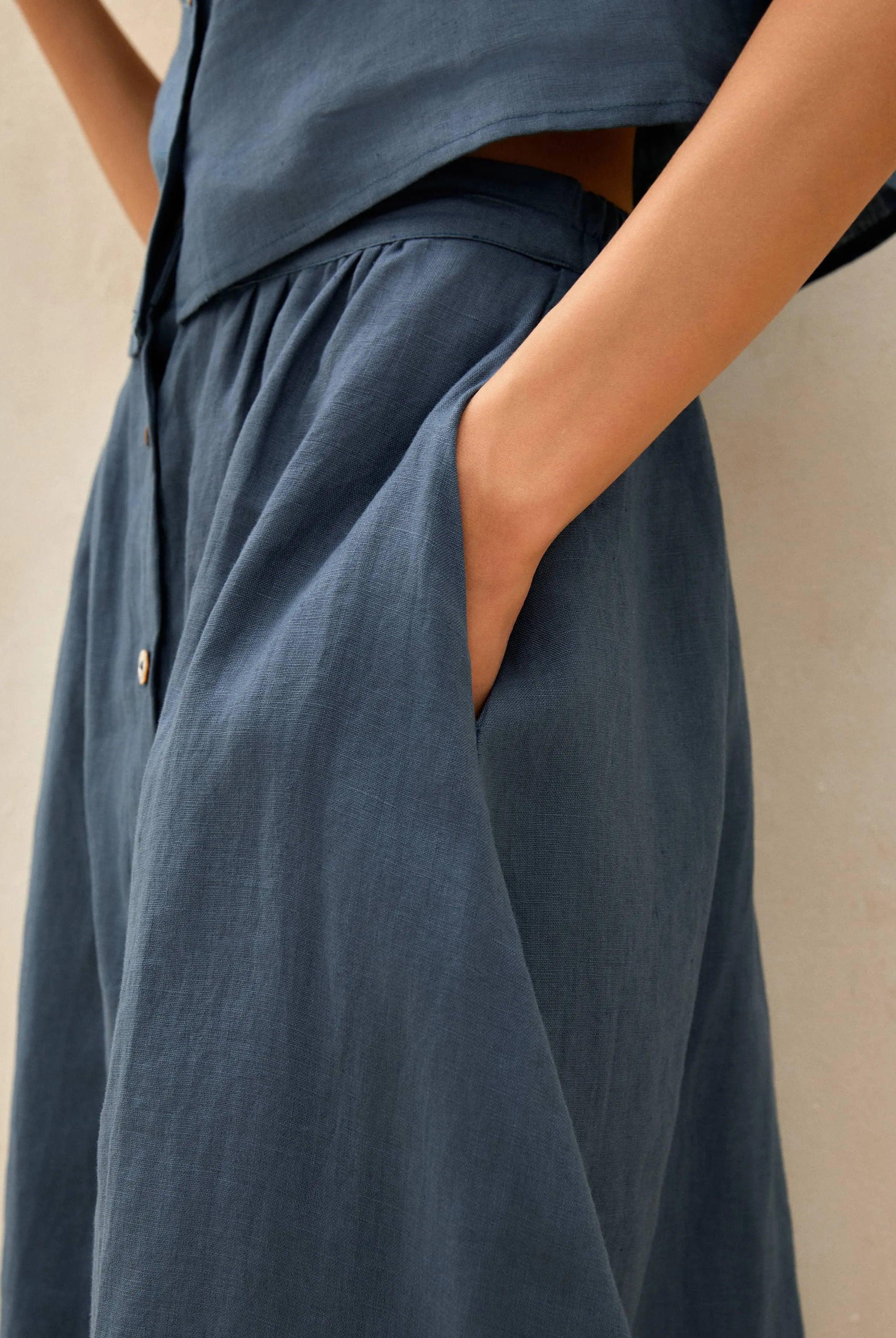 100% Linen Button Decorate Vest Naxi Skirts Set LUCIA - SETS-Linen Sets