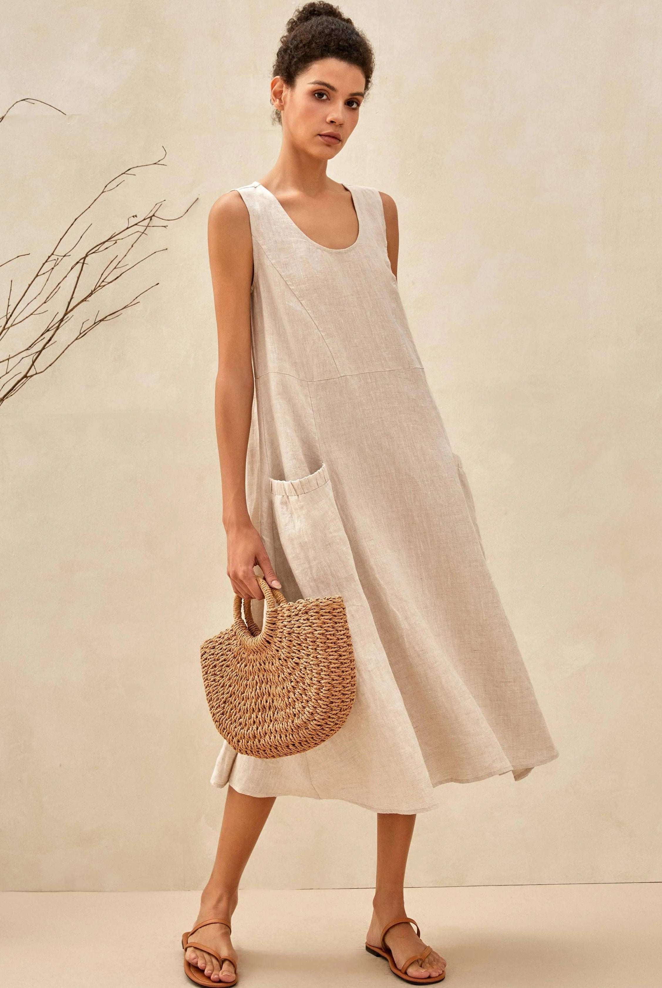 100% Linen Swing Beach Tank Dress GIANA - DRESSES-Linen Midi