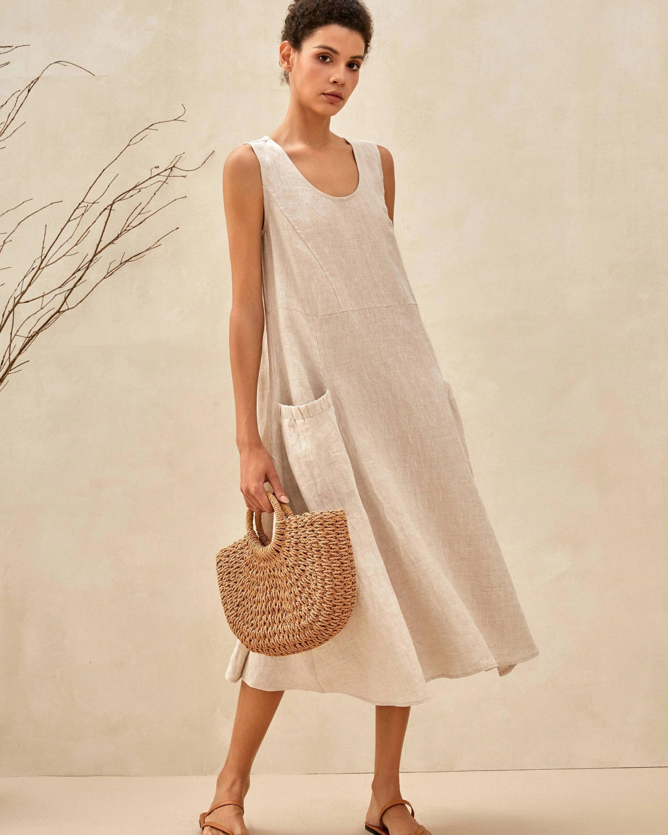 100% Linen Swing Beach Tank Dress GIANA - DRESSES-Linen Midi