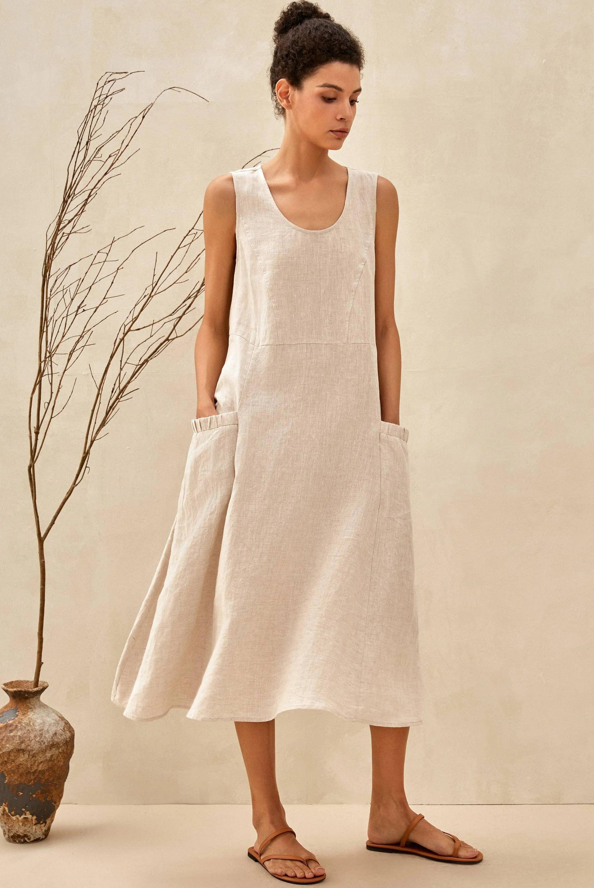 100% Linen Swing Beach Tank Dress GIANA - Natural Melange / XS - DRESSES-Linen Midi