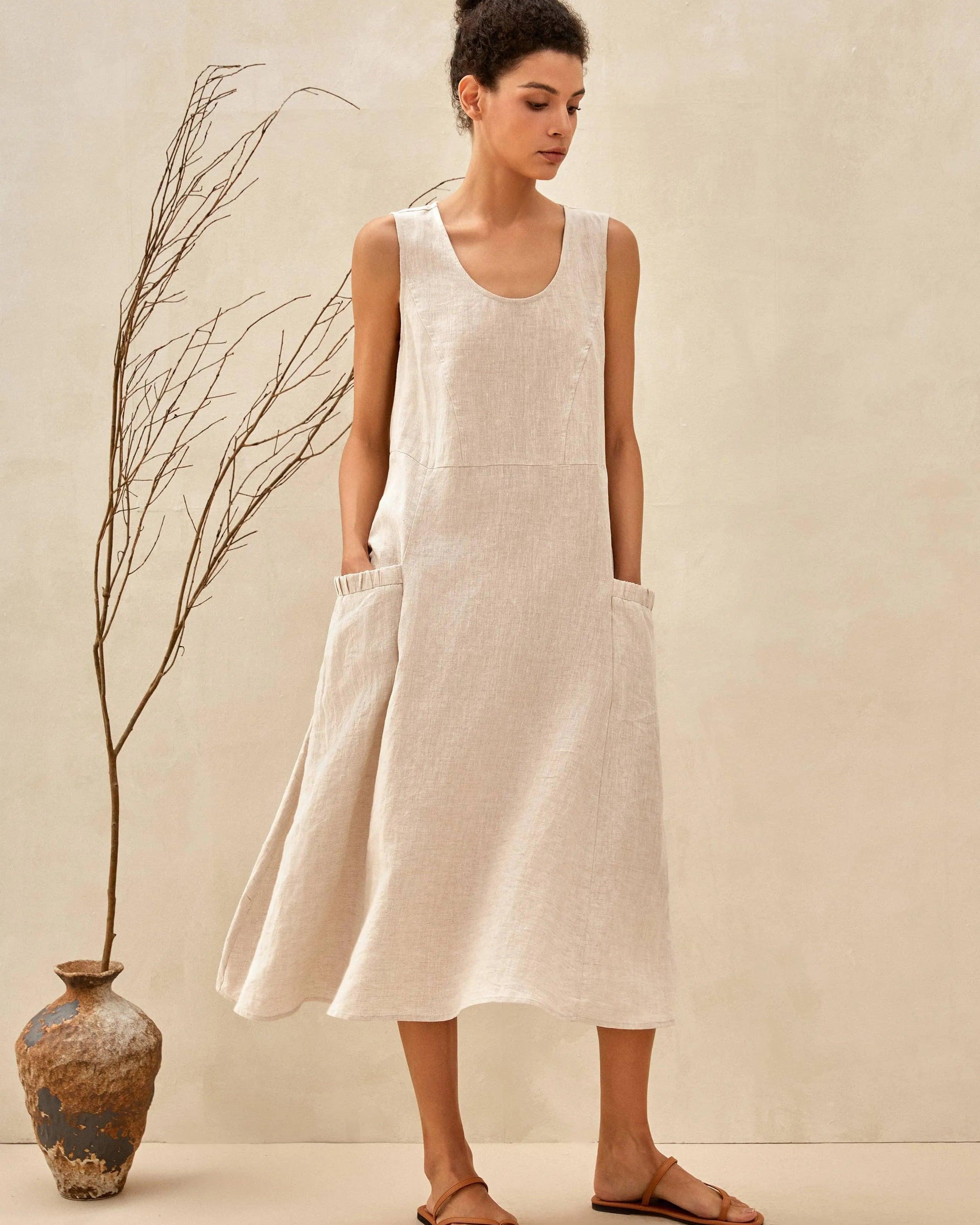 100% Linen Swing Beach Tank Dress GIANA - Natural Melange / XS - DRESSES-Linen Midi