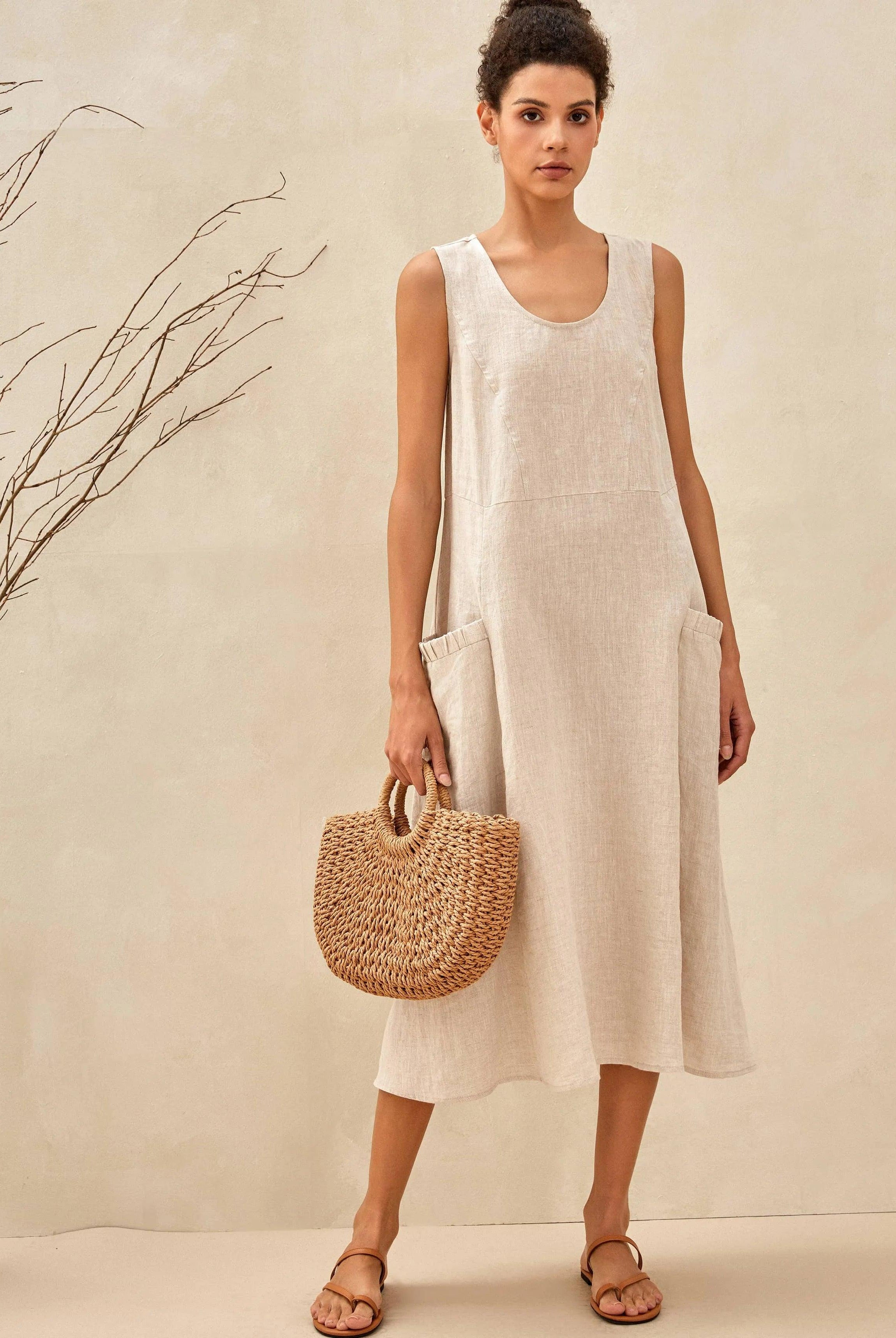 100% Linen Swing Beach Tank Dress GIANA - DRESSES-Linen Midi