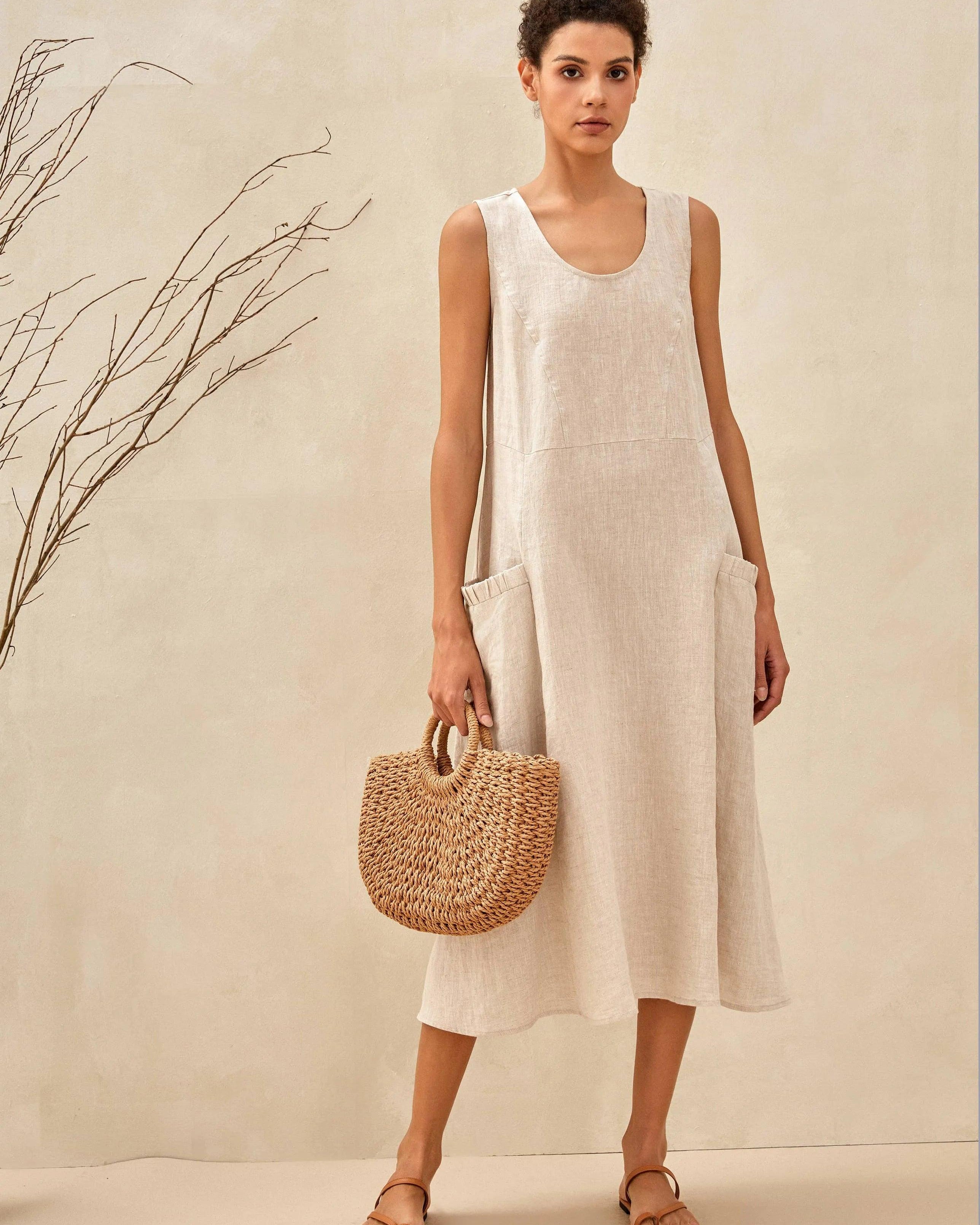 100% Linen Swing Beach Tank Dress GIANA - DRESSES-Linen Midi