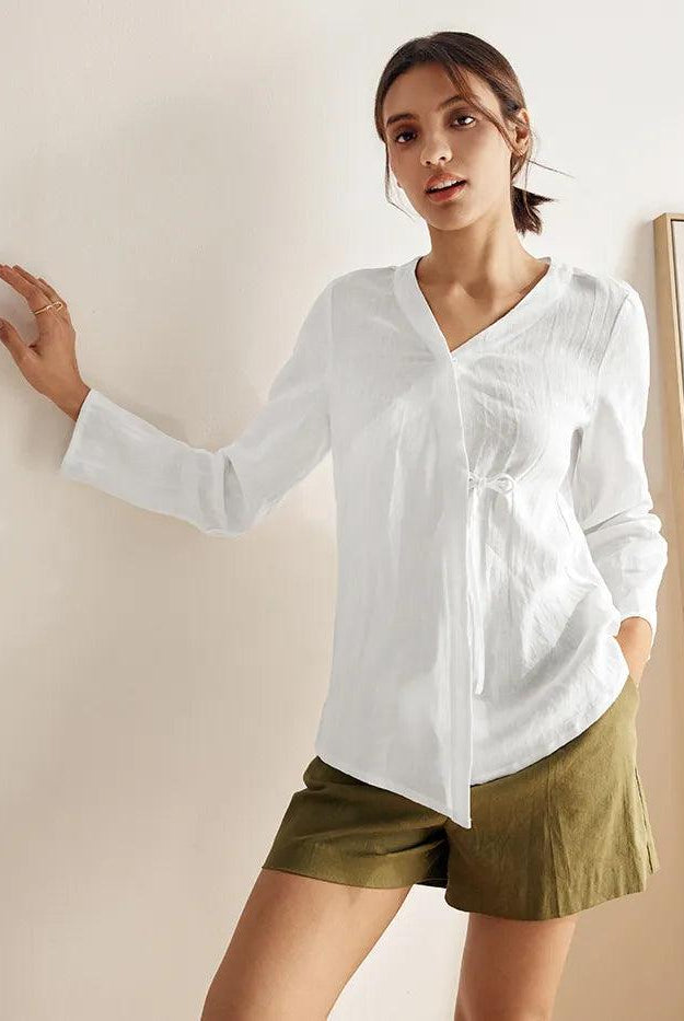 100% Linen Tie Cardigan Top DAKOTA - TOPS-Linen Blouses
