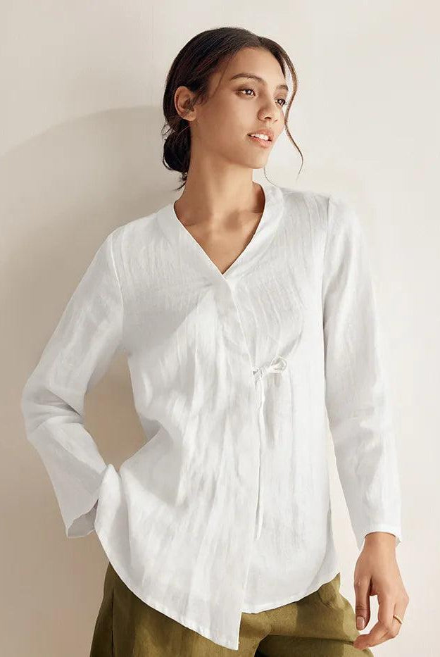 100% Linen Tie Cardigan Top DAKOTA - TOPS-Linen Blouses
