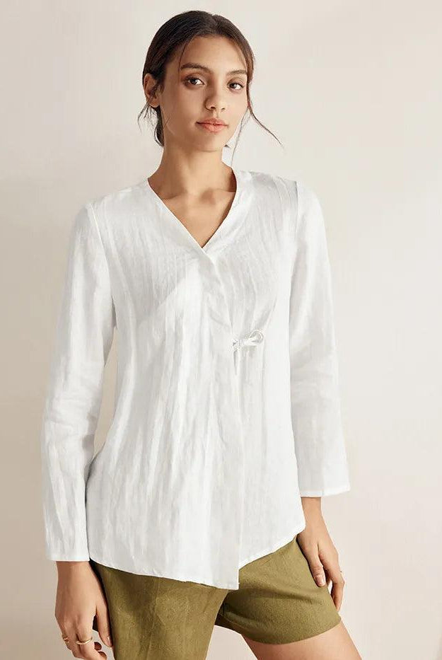 100% Linen Tie Cardigan Top DAKOTA - Optic White / S - TOPS-Linen Blouses
