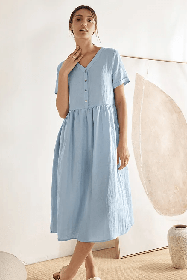 100% Linen V-Neck Gathered-Waist Dress - Baby Blue / S - DRESSES-Linen Midi
