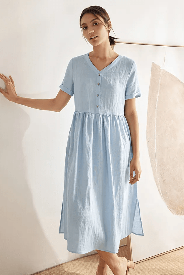 100% Linen V-Neck Gathered-Waist Dress - DRESSES-Linen Midi