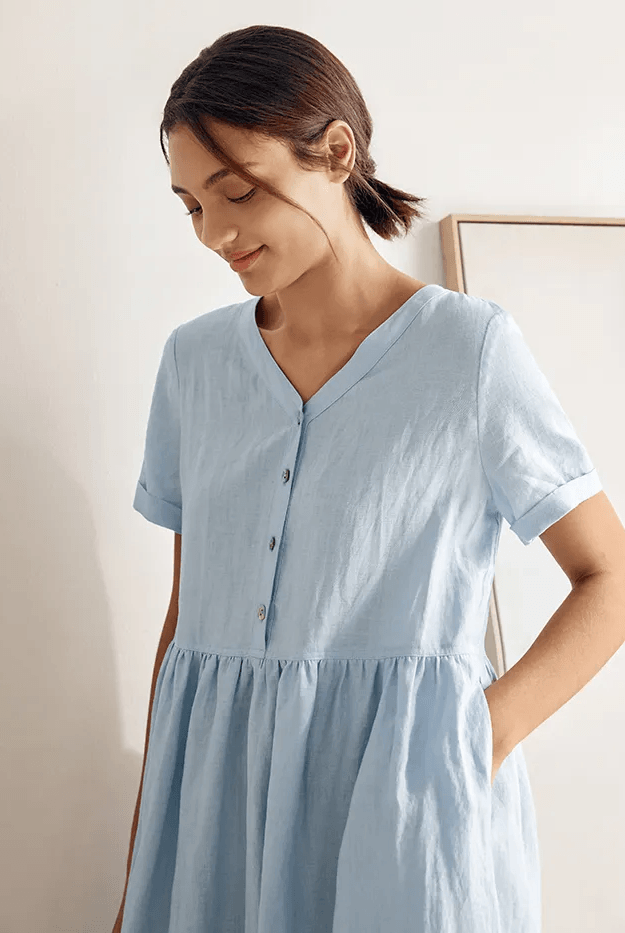 100% Linen V-Neck Gathered-Waist Dress - DRESSES-Linen Midi