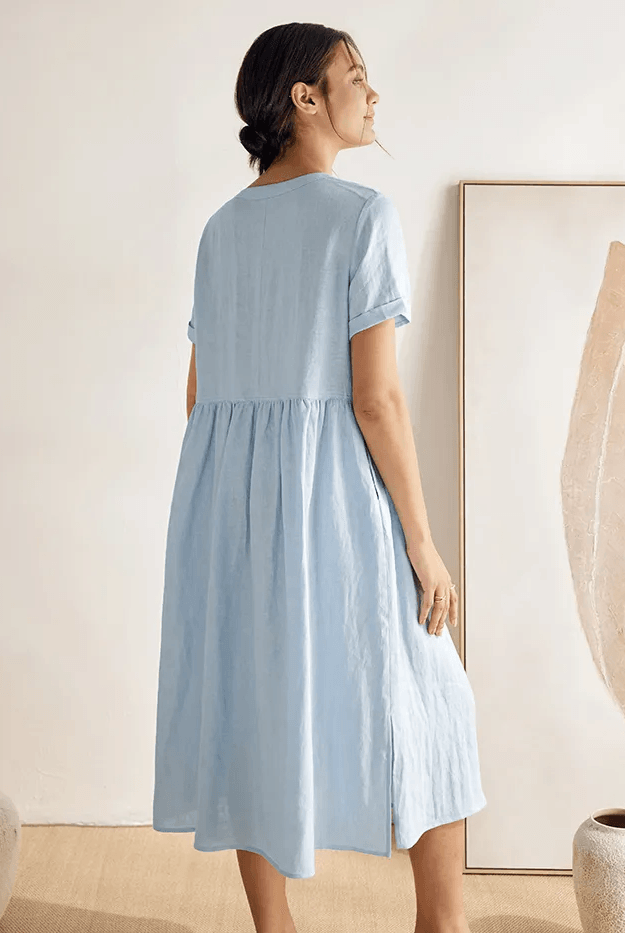 100% Linen V-Neck Gathered-Waist Dress - DRESSES-Linen Midi
