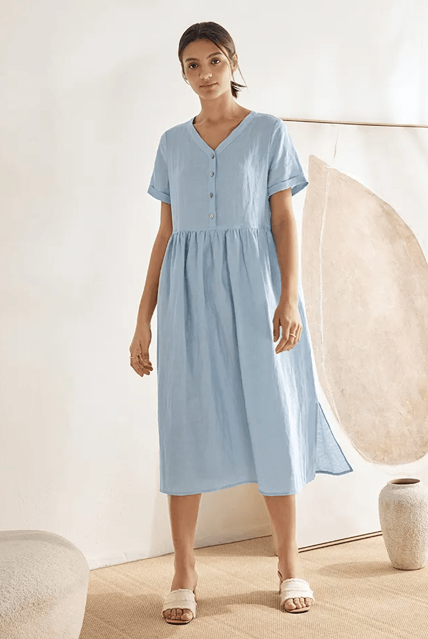100% Linen V-Neck Gathered-Waist Dress - DRESSES-Linen Midi