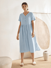 Robe midi 100 % lin à col V et taille froncée - ROBES-Midi en lin